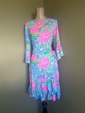 Lilly Pulitzer Blue, Pink and Green Floral Faux Wrap Dress Like New